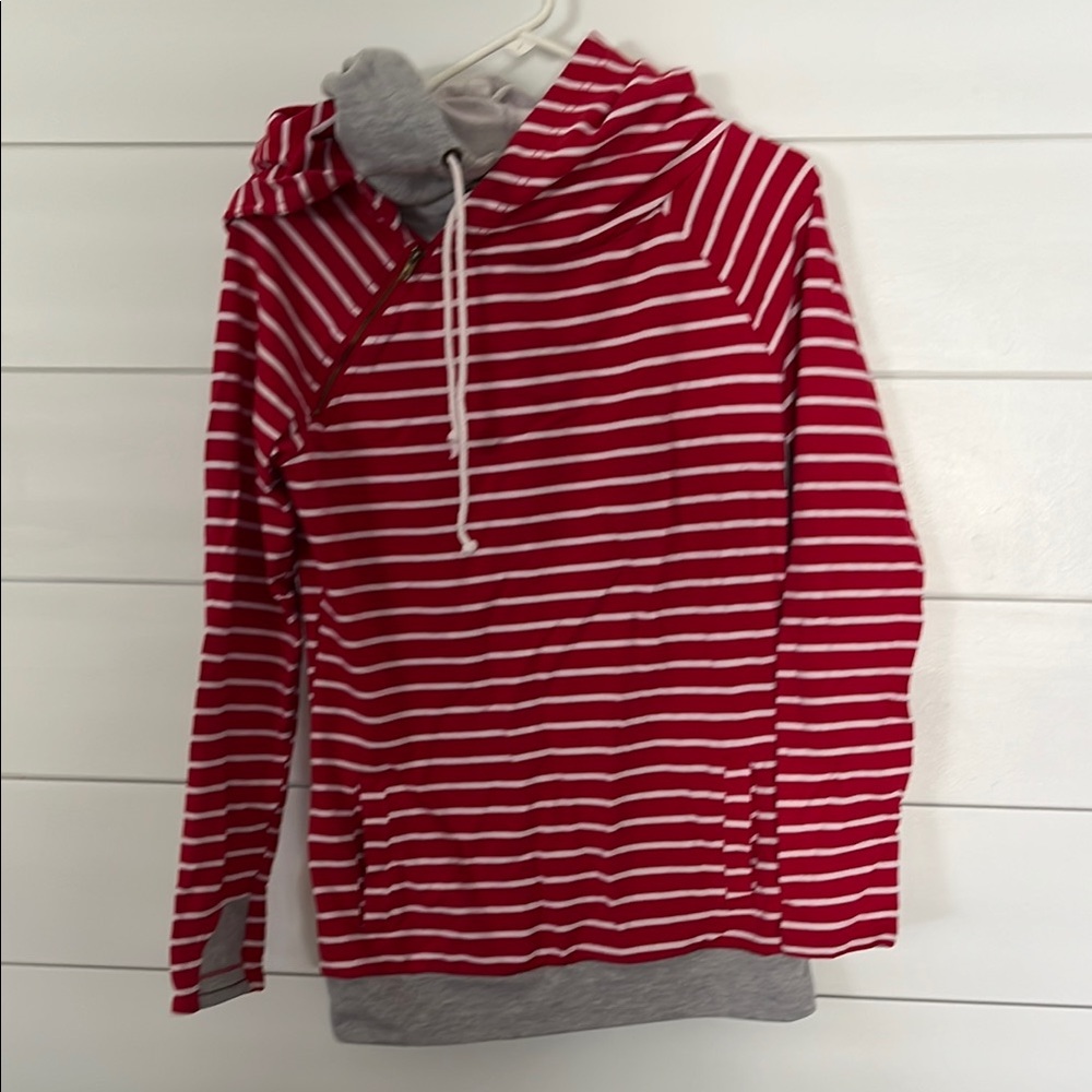 Ampersand Ave Red and White Striped Doublehood Sweatshirt